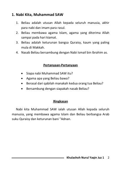 TERJEMAH KHULASHOH NURUL YAQIN BAHASA INDONESIA-Ringkasan Sejarah Hidup Nabi Muhammad SAW preview 1
