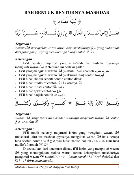 TERJEMAH NADHOM ALFIYAH IBN MALIK DAN PENJELASANYA-Pembahasan Ilmu Sastra Arab Nahwu, dan Sorof preview 1